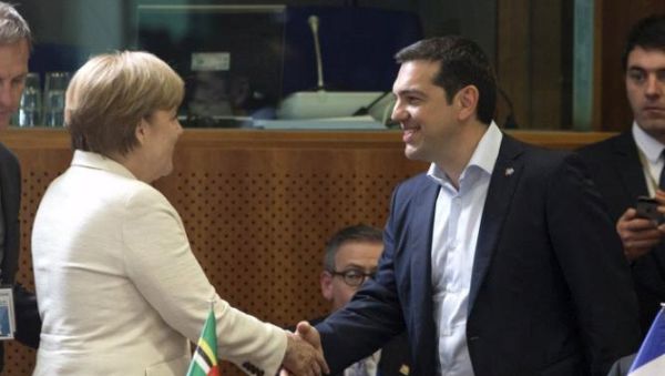 German Chancellor Angela Merkel shakes hands with Greek Prime Minister Alexis Tsipras at the start of an EU-CELAC Latin America summit in Brussels